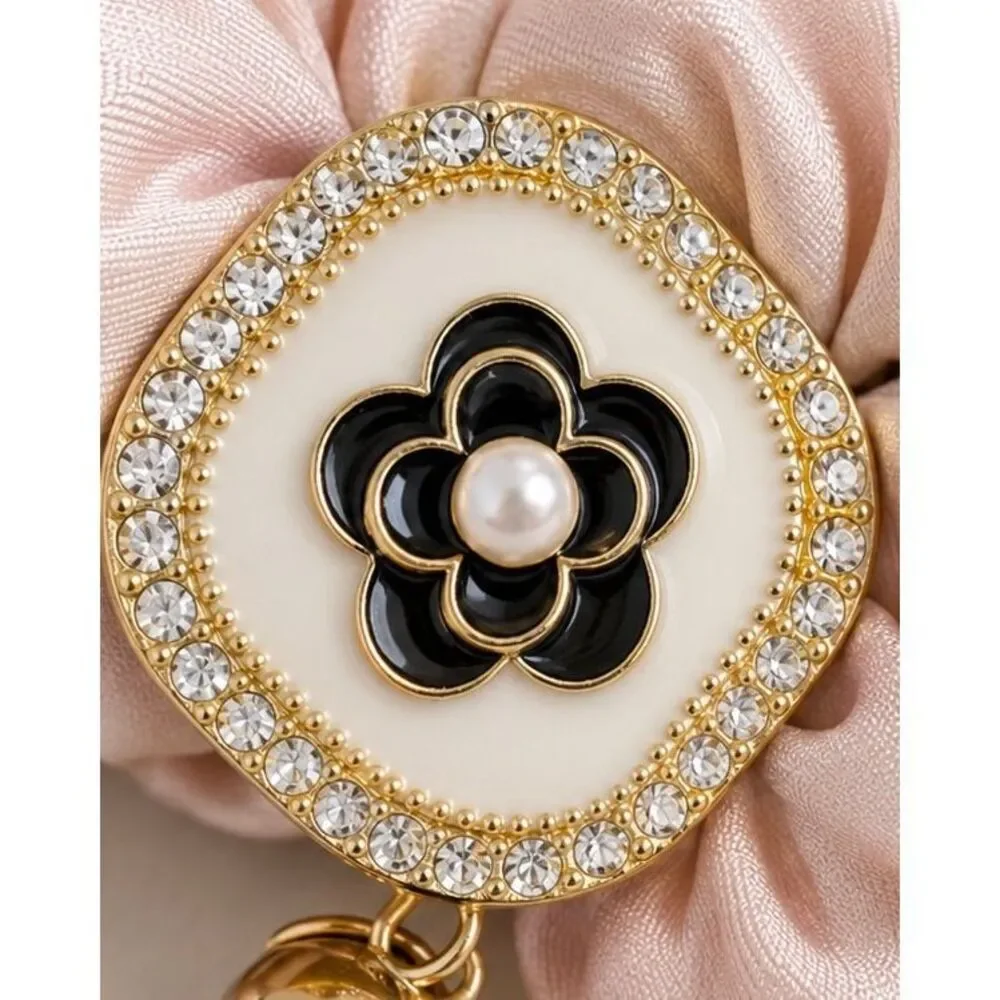 Pink Camellia Flower Scrunchie with Charms - Hair Tie Hair Band Ponytail